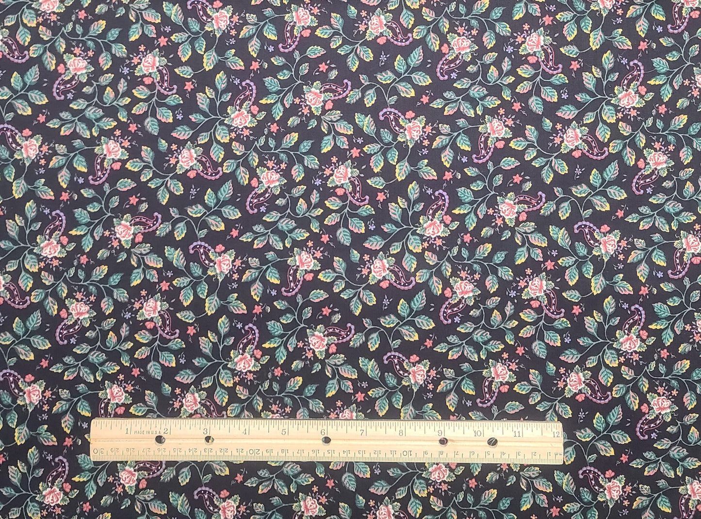 Springs Industries, Inc. - Black Fabric / Floral, Paisley and Leaf Print in Mauve, Teal, Lavender and White