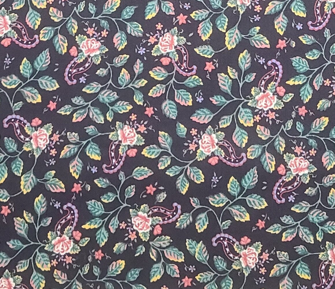 Springs Industries, Inc. - Black Fabric / Floral, Paisley and Leaf Print in Mauve, Teal, Lavender and White