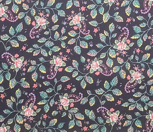 Springs Industries, Inc. - Black Fabric / Floral, Paisley and Leaf Print in Mauve, Teal, Lavender and White