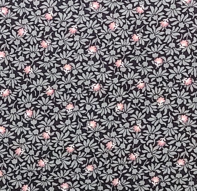 Springs Industries, Inc. - Black Fabric / Scattered Pink and White Flowers with Olive Green Leaf Print