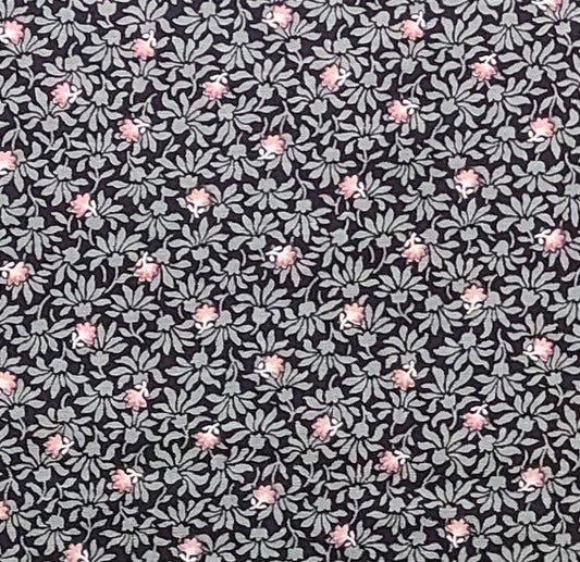 Springs Industries, Inc. - Black Fabric / Scattered Pink and White Flowers with Olive Green Leaf Print