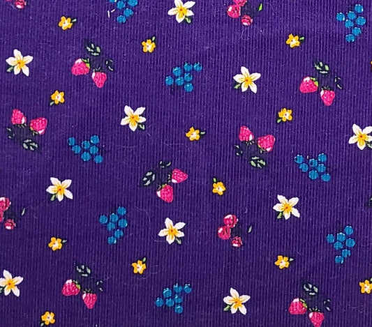 Purple 58" WIDE CORDUROY Fabric / Scattered Blueberry, Strawberry, Cherry and Flower Print