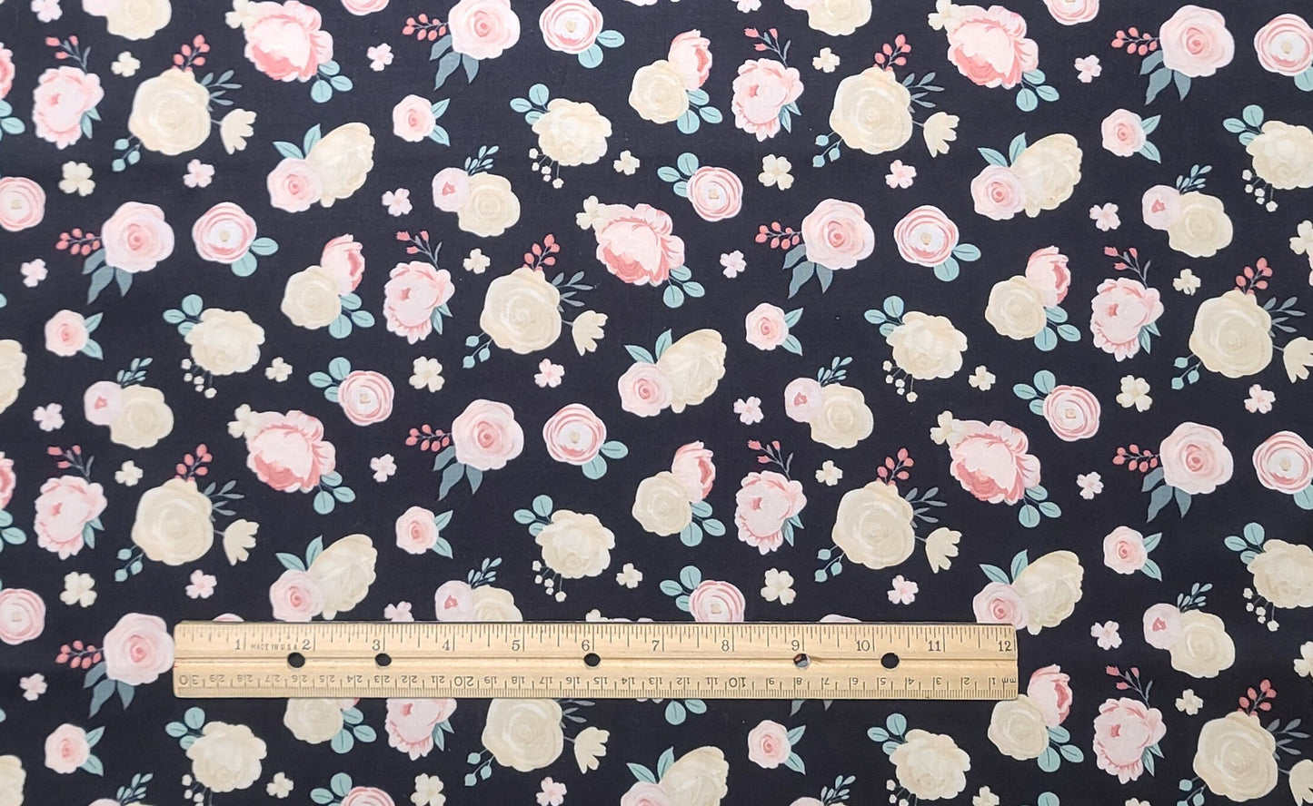 At First Sight by Dani Mogstad 2022 Riley Blake Designs Pattern C12682 - Black Fabric / Pink, Gold and Seafoam Flower Print