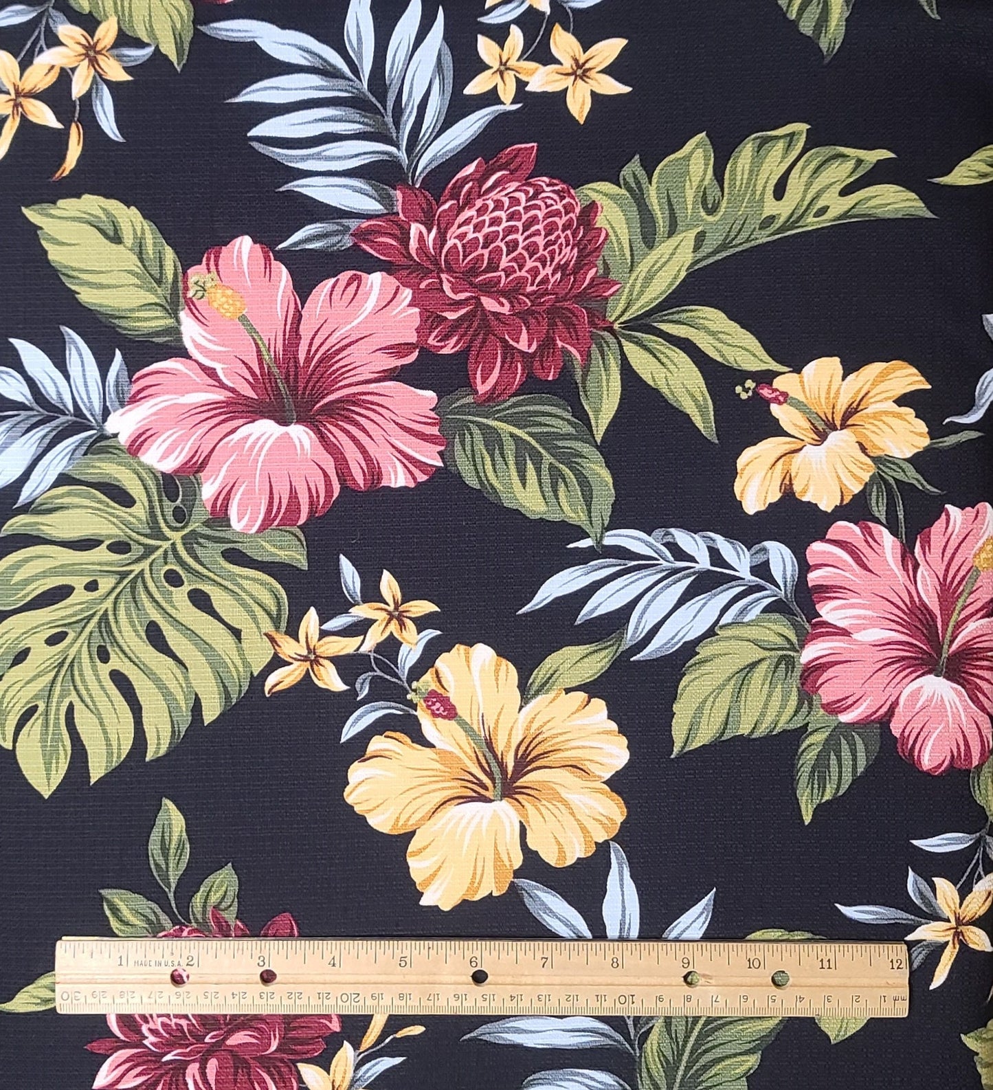 Trans Pacific Textiles LTD YS-094-Cotton Blend Fabric / Black Fabric / Large Gold, Burgundy and Pink Flowers / Olive, Sage, Blue Leaf Print