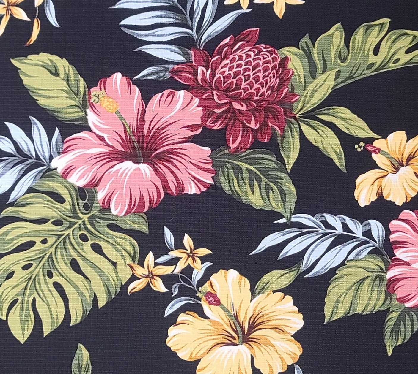 Trans Pacific Textiles LTD YS-094-Cotton Blend Fabric / Black Fabric / Large Gold, Burgundy and Pink Flowers / Olive, Sage, Blue Leaf Print