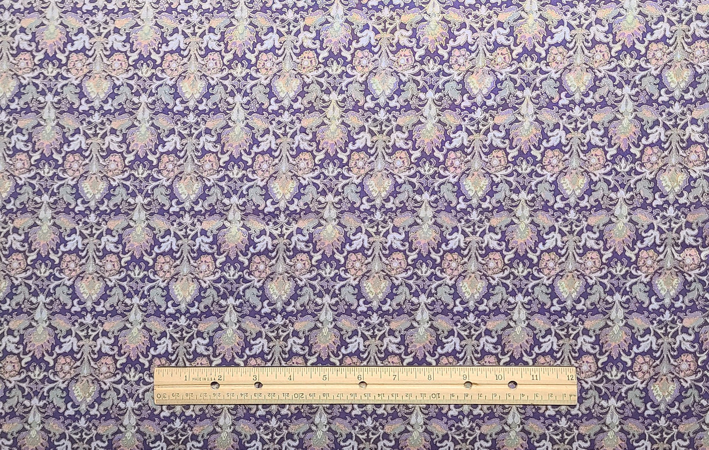 Light Purple Fabric / Pale Purple, Mauve, Lavender and Green Flower Print / Gold Metallic Outline