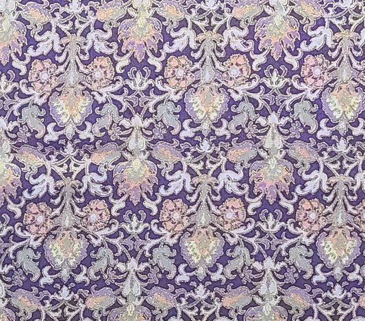 Light Purple Fabric / Pale Purple, Mauve, Lavender and Green Flower Print / Gold Metallic Outline