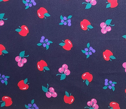 Cranston Print Works Co - Millworth Fabrics - 58" WIDE CORDUROY - Dark Blue Fabric / Scattered Apple, Grape and Cherry Print