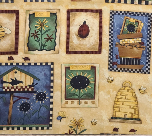 Debbie Mumm for SSI - Butterscotch Tonal Fabric / Garden Themed Patches / Country Blue, Red, Green and Black