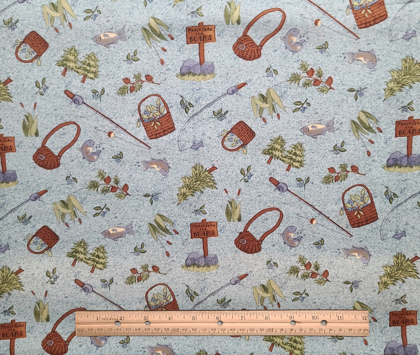 Blueberry Hill Teresa Kogut Licensed to SSI - Light Blue Speckled Fabric / Cartoon-Style Fishing Print