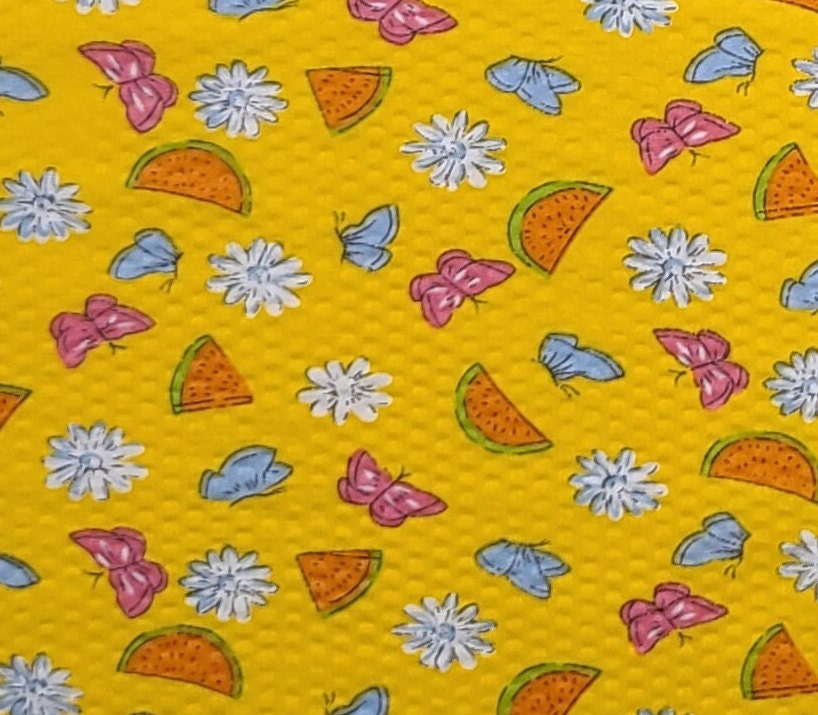 Crinkle Cotton / Seersucker Fabric - Dark Yellow Fabric / Watermelon Slice, White Flower, Pink and Light Blue Butterfly Print