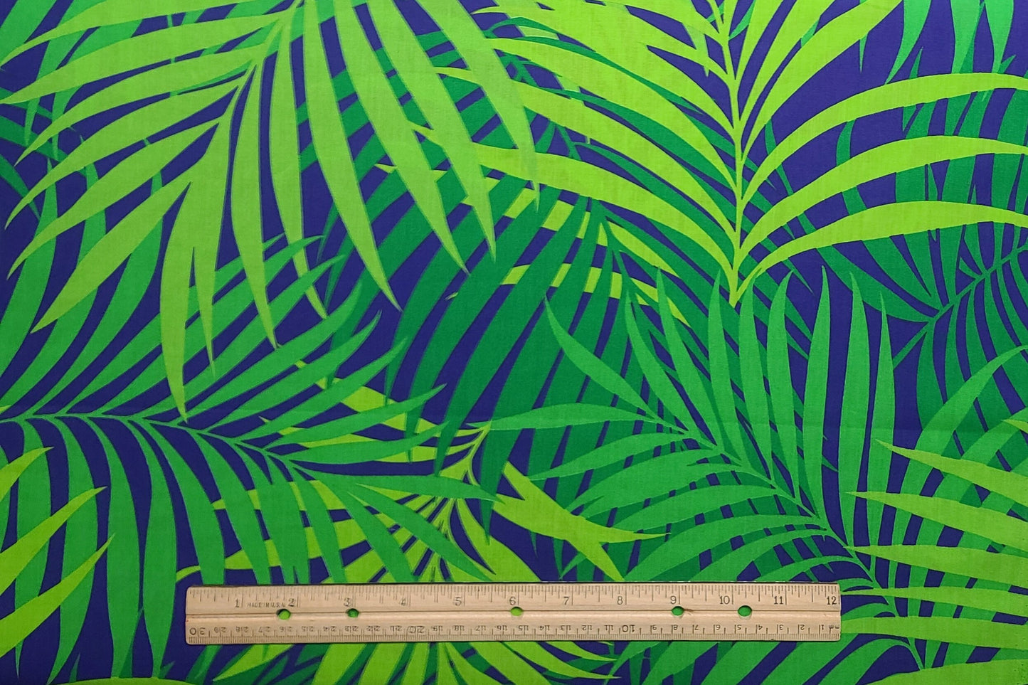 June Fabric from Hawaii - Purple Fabric / Bright Green Frond Print - 65 Cotton/35 Poly