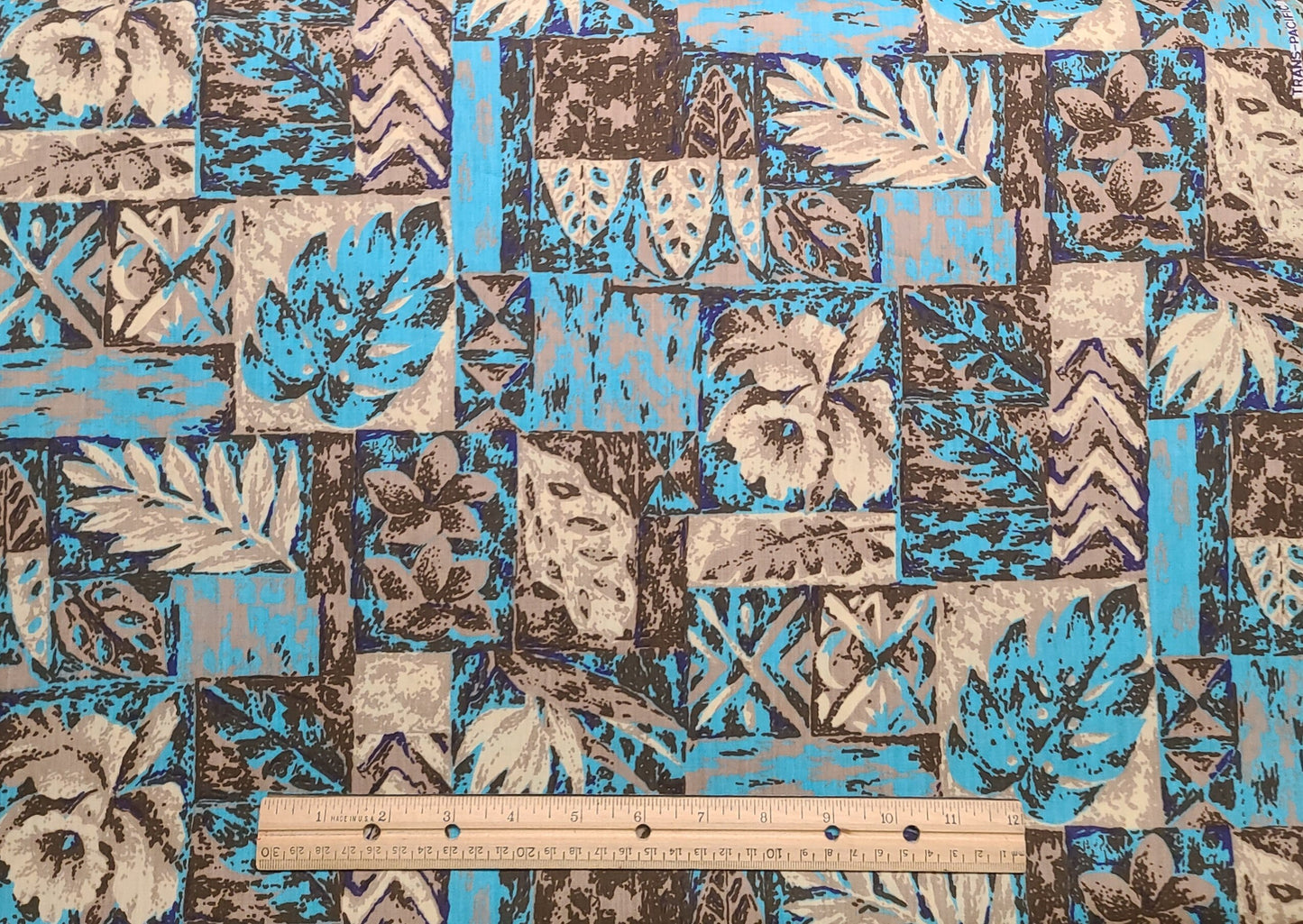 Trans Pacific Textiles, Ltd. D/#SC-29711 - Tan, Brown and Aqua Print Fabric - 65 Cotton/35 Poly