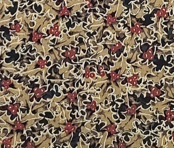 Christmas Greetings by Thimbleberries for RJR Fashion Fabrics - Tan and Black Holly Print Fabric / Red Berries