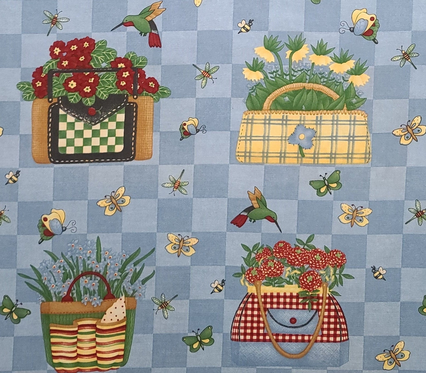 Debbie Mumm for SSI - Light Blue Checkerboard Fabric / Garden Tote Print / Butterfly, Bee, Dragonfly and Hummingbirds