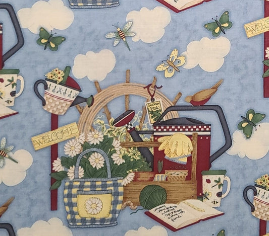 Debbie Mumm for SSI - Light Blue "Sky" Fabric / Garden Print, Clouds, Butterflies, Dragonflies