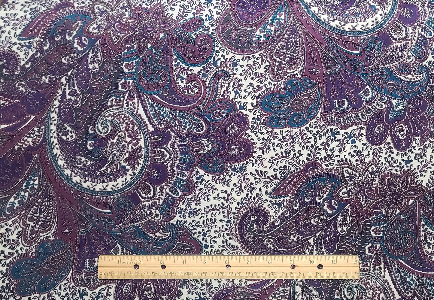 Daisy Kingdom #1213 Canterbury Springs Industries - White Fabric / Teal, Purple and Magenta Paisley Print