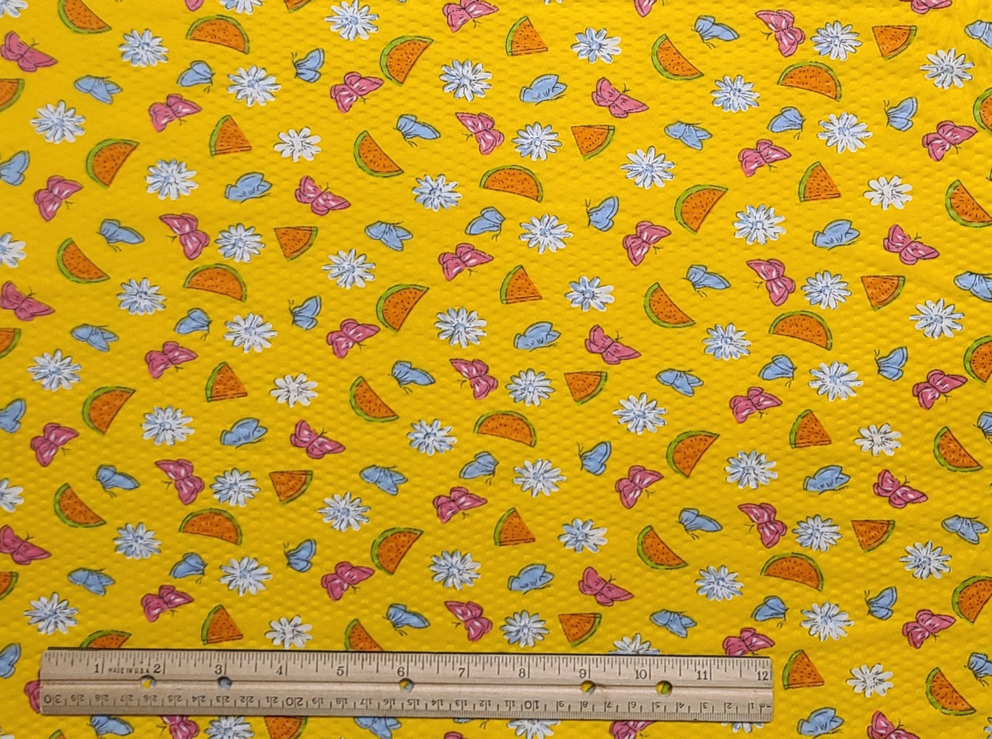 Crinkle Cotton / Seersucker Fabric - Dark Yellow Fabric / Watermelon Slice, White Flower, Pink and Light Blue Butterfly Print