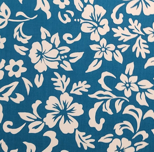 Trans Pacific Textiles, Ltd. DES#BL-283 - Teal Fabric / White Flower and Leaf Pattern - 65 Cotton/35 Poly