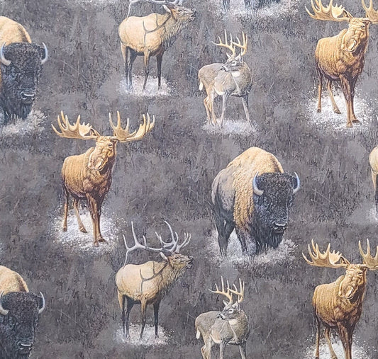 Big Game by Riley Blake Designs 2022 - PATTERN C12970 - Big Game Main - Charcoal / Charcoal Fabric with Buffalo, Elk, Deer, Moose Prints