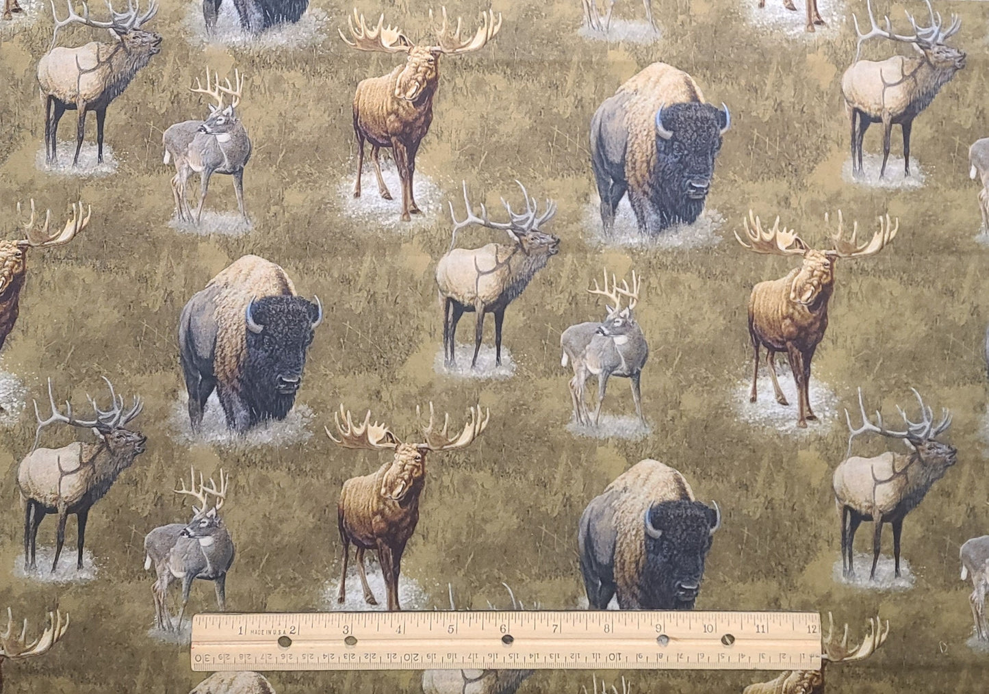EOB - Big Game by Riley Blake Designs 2022 - PATTERN C12970 - Big Game Main - Curry / Curry Fabric with Buffalo, Elk, Deer, Moose Prints