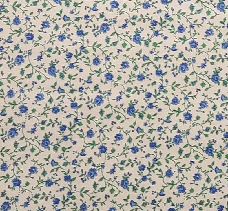 Tan Fabric / Vintage Style Blue Flower Print - Selvage to Selvage Print