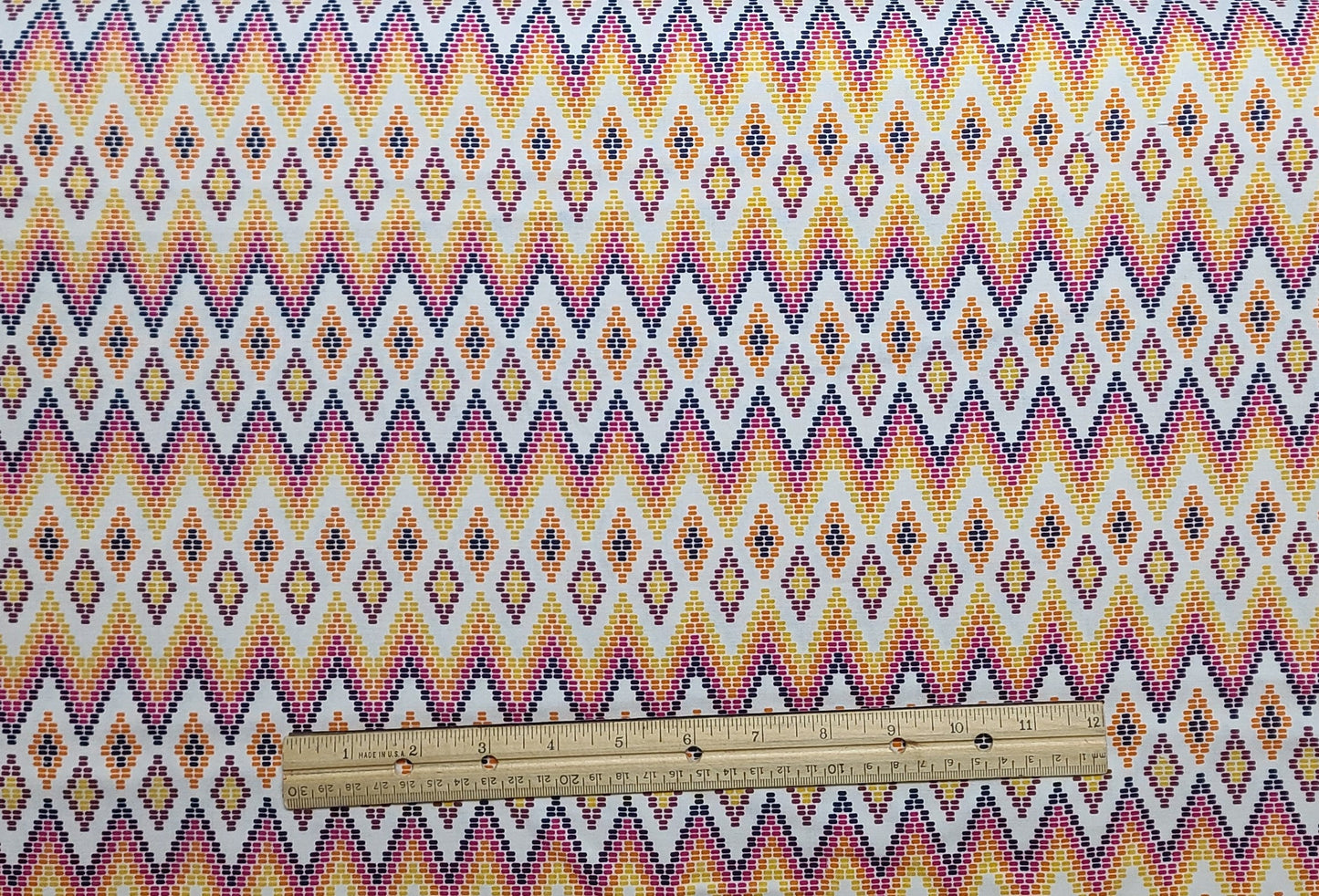 Riley Blake Designs Pattern#C5925 Juxtaposey - White Fabric "Bead" Print / Black, Raspberry, Orange and Gold Diamond Pattern