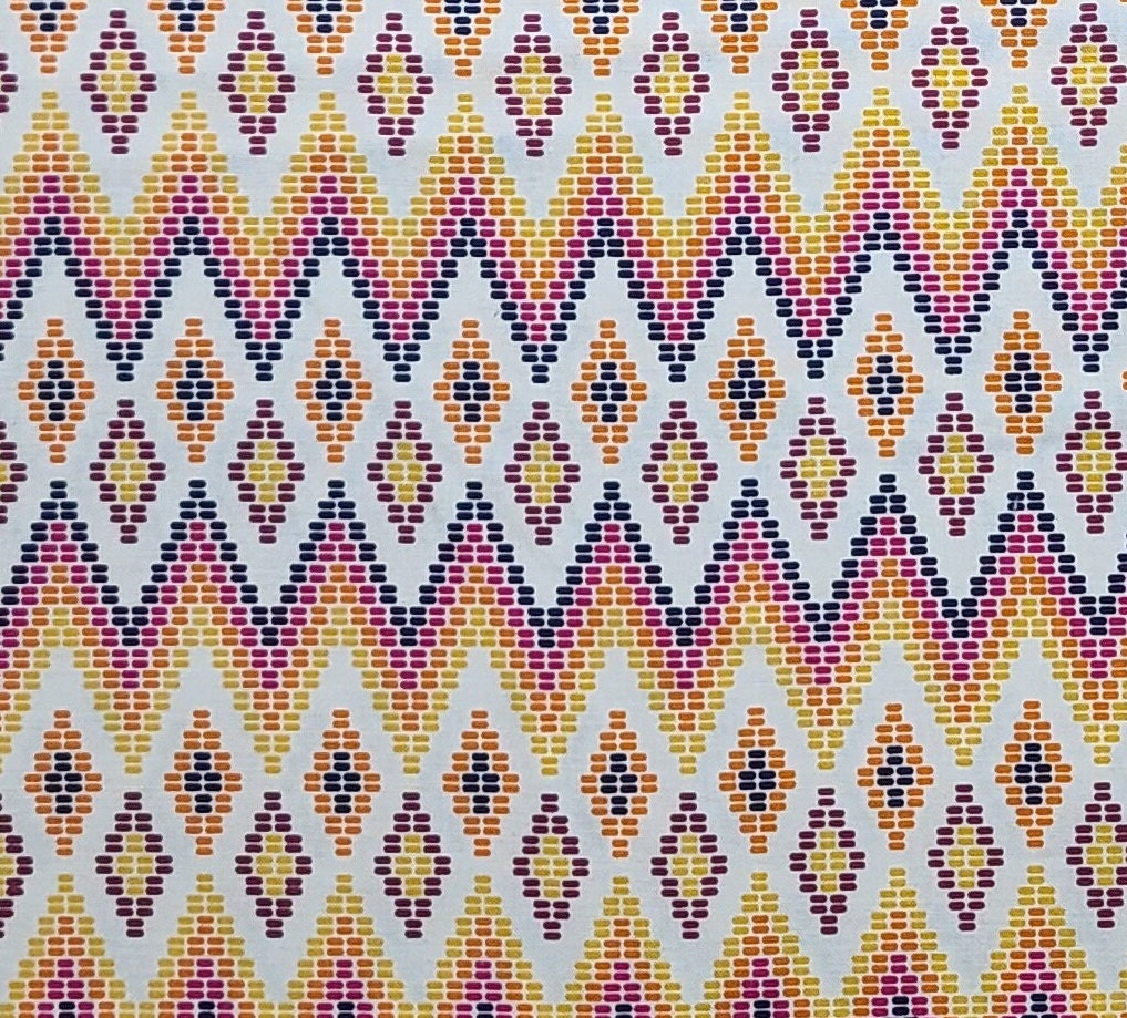 Riley Blake Designs Pattern#C5925 Juxtaposey - White Fabric "Bead" Print / Black, Raspberry, Orange and Gold Diamond Pattern