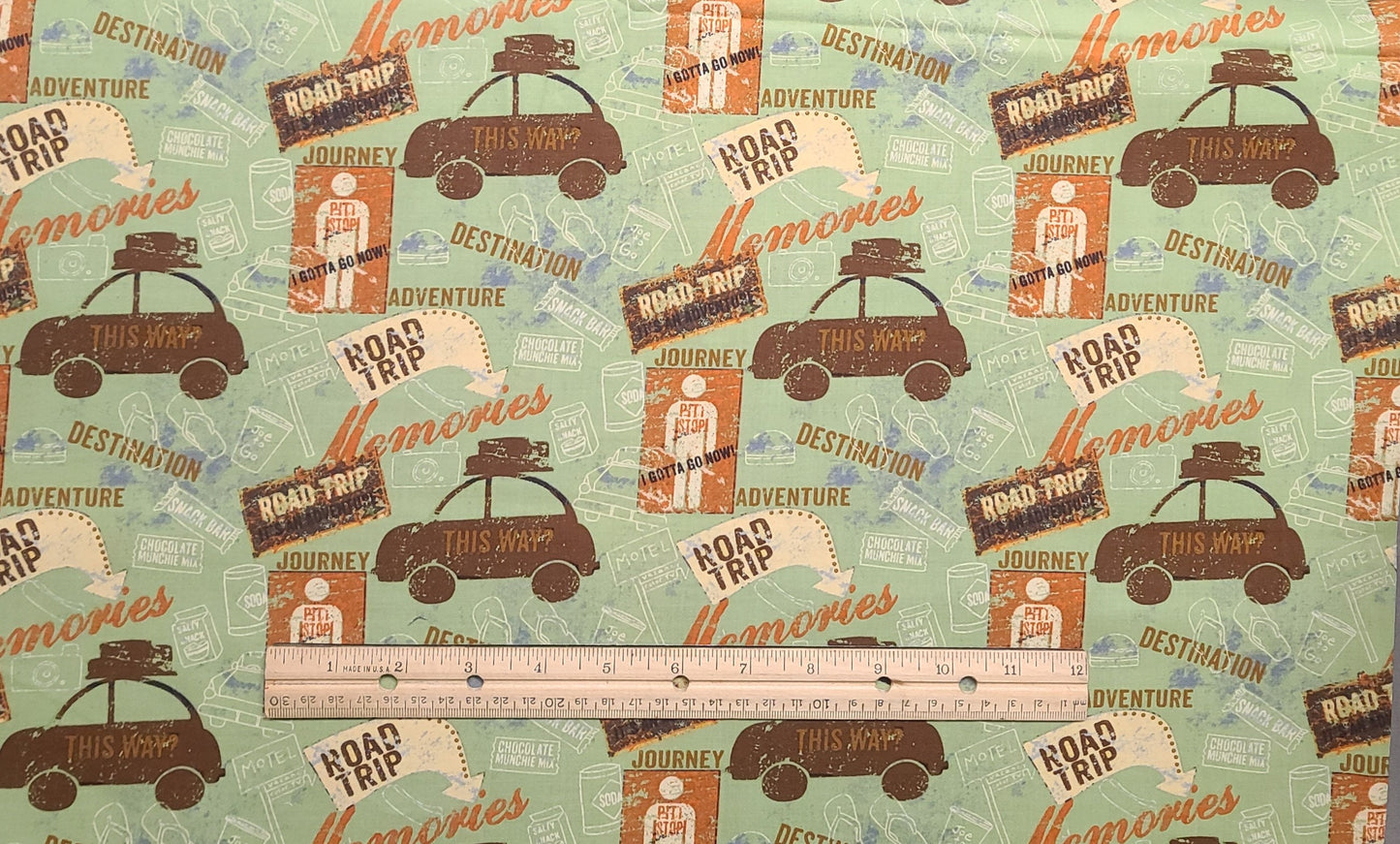 Road Trip by Dan DiPaolo for Clothworks - Spring Green Fabric / Tan, Brown and Rust Road Trip Print