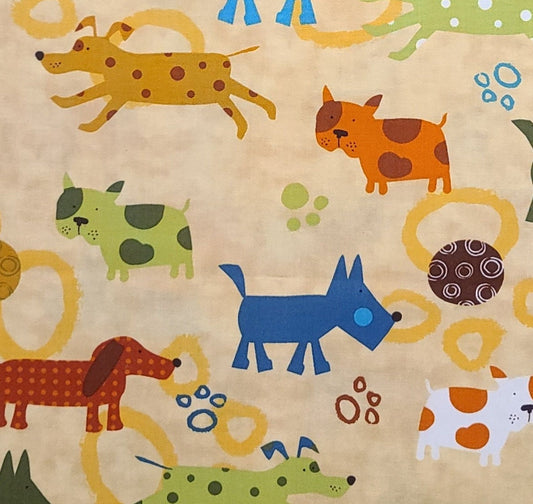 Amy Schimler for Quilts for Kids by Robert Kaufman Screen Print C#7820 - Pale Gold Tonal Fabric / Cartoon-Style Dog Print