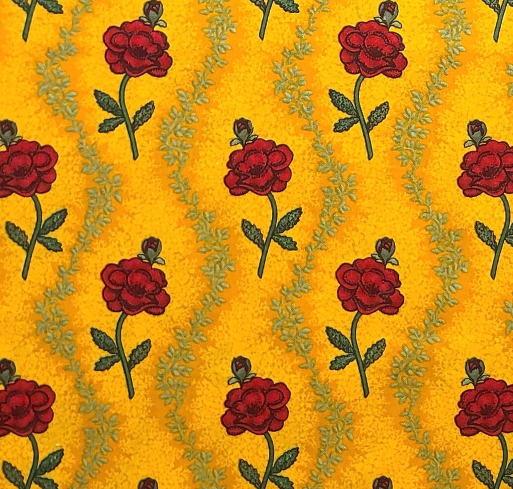 1850's Legacies and Beyond by Laureen Sinema SSI Inc- Dark Yellow, Gold Tonal Fabric / Green Vine, Dark Red Flower Border Stripe Print