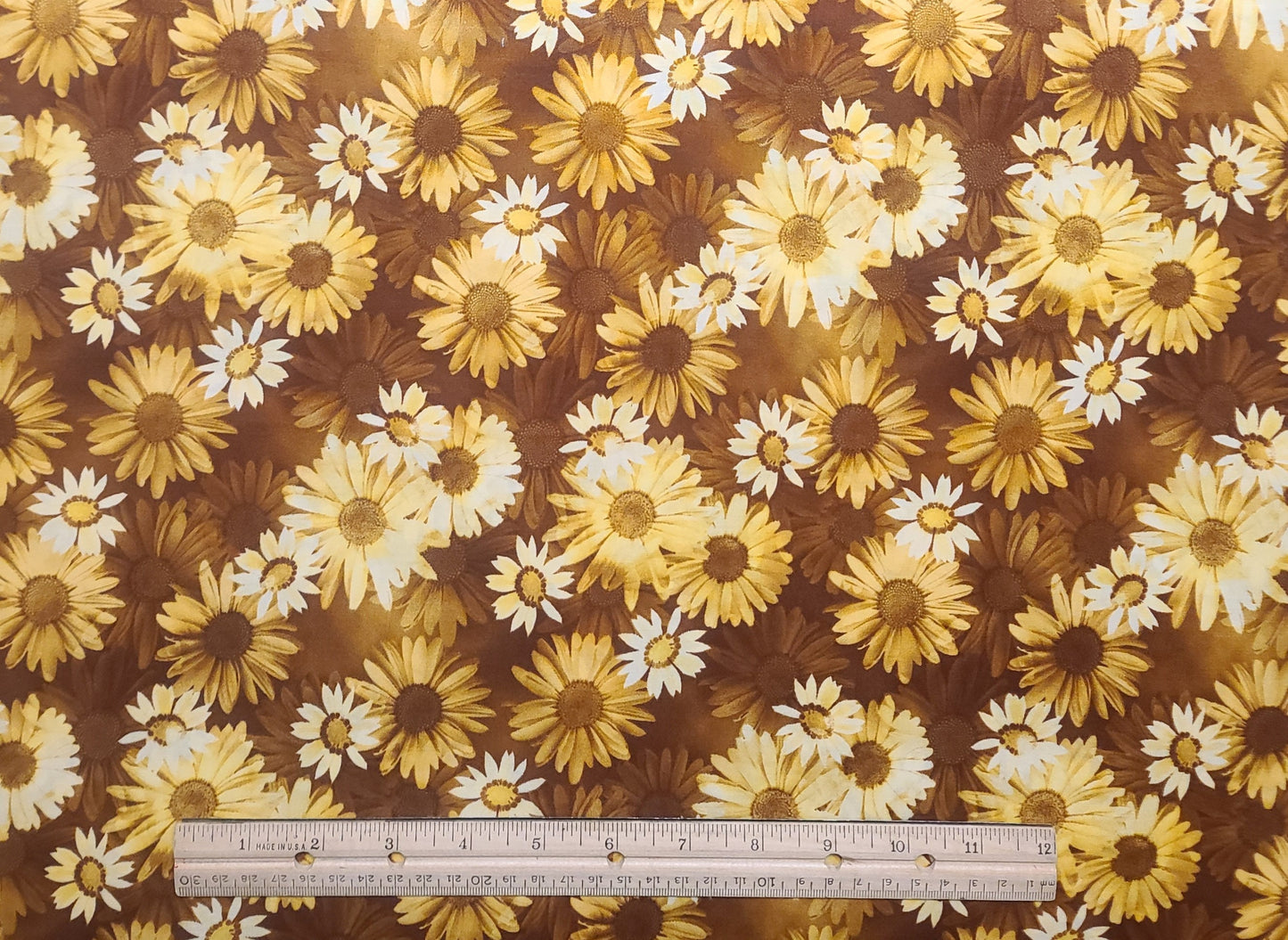 EOB - Nature's Design Style #C512 by Hoffman California Intl Fabrics - Medium Brown Tonal Fabric / Gold, White, Pale Yellow Flower Pattern