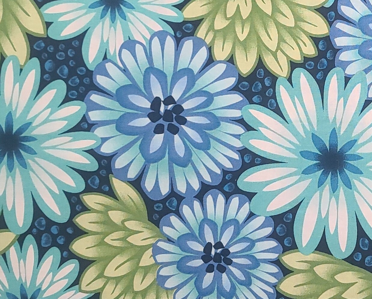 EOB - Bold Moves Studio 37 Design 9544 for Marcus Fabrics - Dark Blue Fabric / Teal, Blue and Green Retro Flower and "Pebble" Print