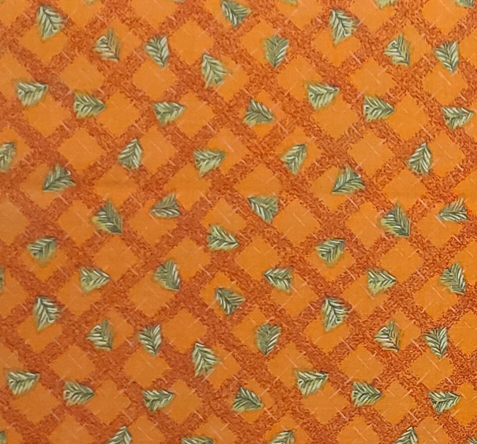 Baum Textiles - Orange Fabric / Dark Orange Diamond Pattern / Gray Crosshatch and Evergreen Tree Print