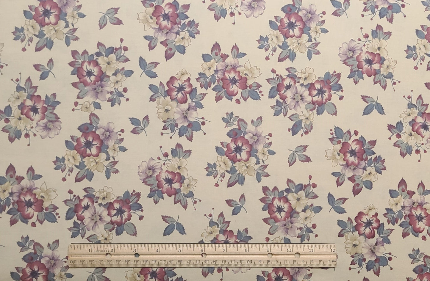 Forget Me Not by Hoffman California Fabrics - Pale Tan Fabric / Maroon, Green and Cream Vintage Floral Pattern