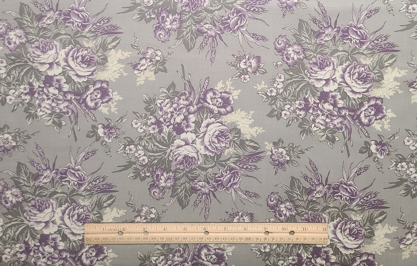 Patty & Mortar Marcus Fabrics Design 6752 - Gray/Green Fabric / Darker Gray/Green Leaves / Dark Plum and White Floral Print