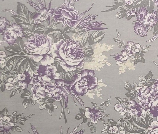 Patty & Mortar Marcus Fabrics Design 6752 - Gray/Green Fabric / Darker Gray/Green Leaves / Dark Plum and White Floral Print