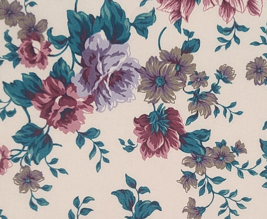 eob - Ozark Calico by Fabri-Quilt - White Fabric / Teal, Mauve, Burgundy and Lavender Flower Print