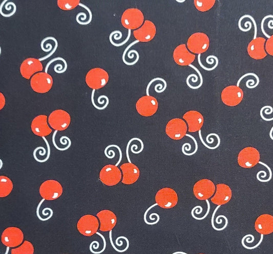 Patt #6459 Blank Quilting - Black Fabric / Red Cherry / White Swirled Stem Print