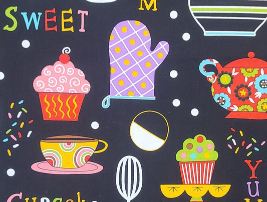 Patt #6456 Blank Quilting - Black Fabric / Brightly Colored Teapots, Cupcakes, Cherries, Pie Slices, Measuring Spoons