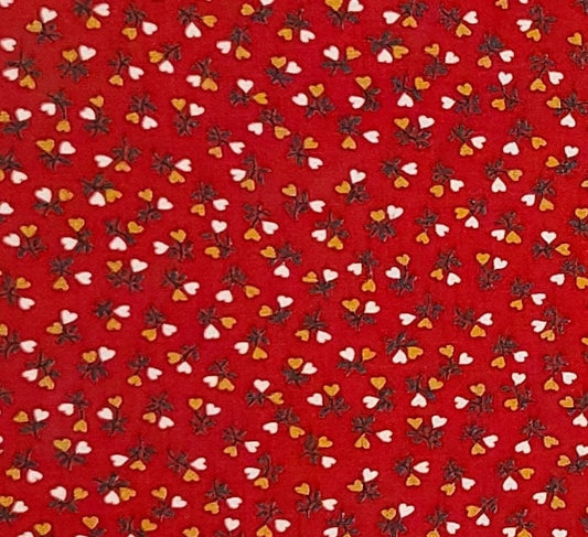 Peter Pan Fabrics - Red Fabric / White and Antique Gold Heart "Flowers" / Dark Green Leaves and Stems