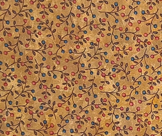 Happy Hollow by Sandy Gervais for Moda - Dark Gold Tonal Fabric / Red, Teal and Brown Leaf Print