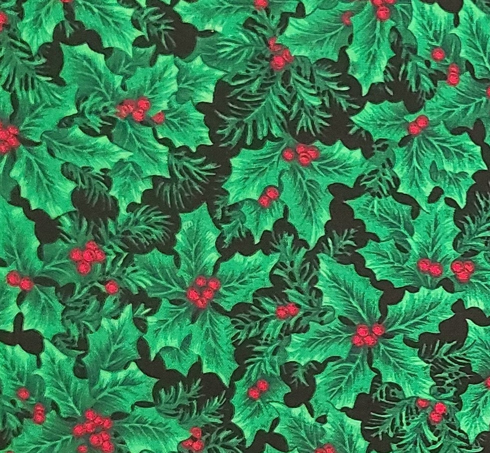 Black Fabric / Bright Grass Green Holly Leaves / Red Berries