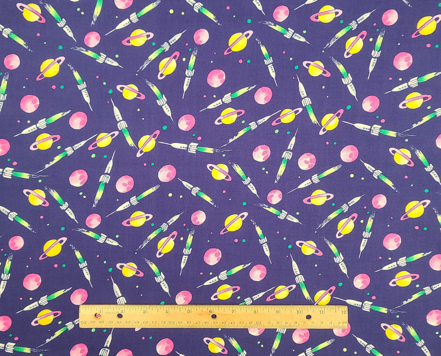 Hoffman Inernational Fabrics - Dark Purple Fabric / Cartoon-Style Rocket Ships and Planets / Bright Pink, Bright Yellow and Bright Green