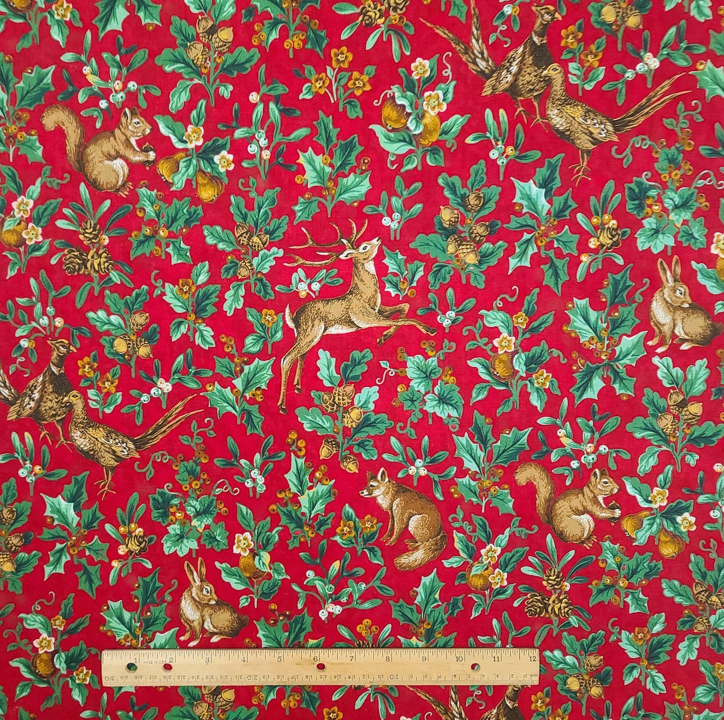 VIP Cranston Print Works - Dark Red Fabric / Hunter Green Leaf and Holly Print / Brown Acorn and Forest Animal Holiday Print