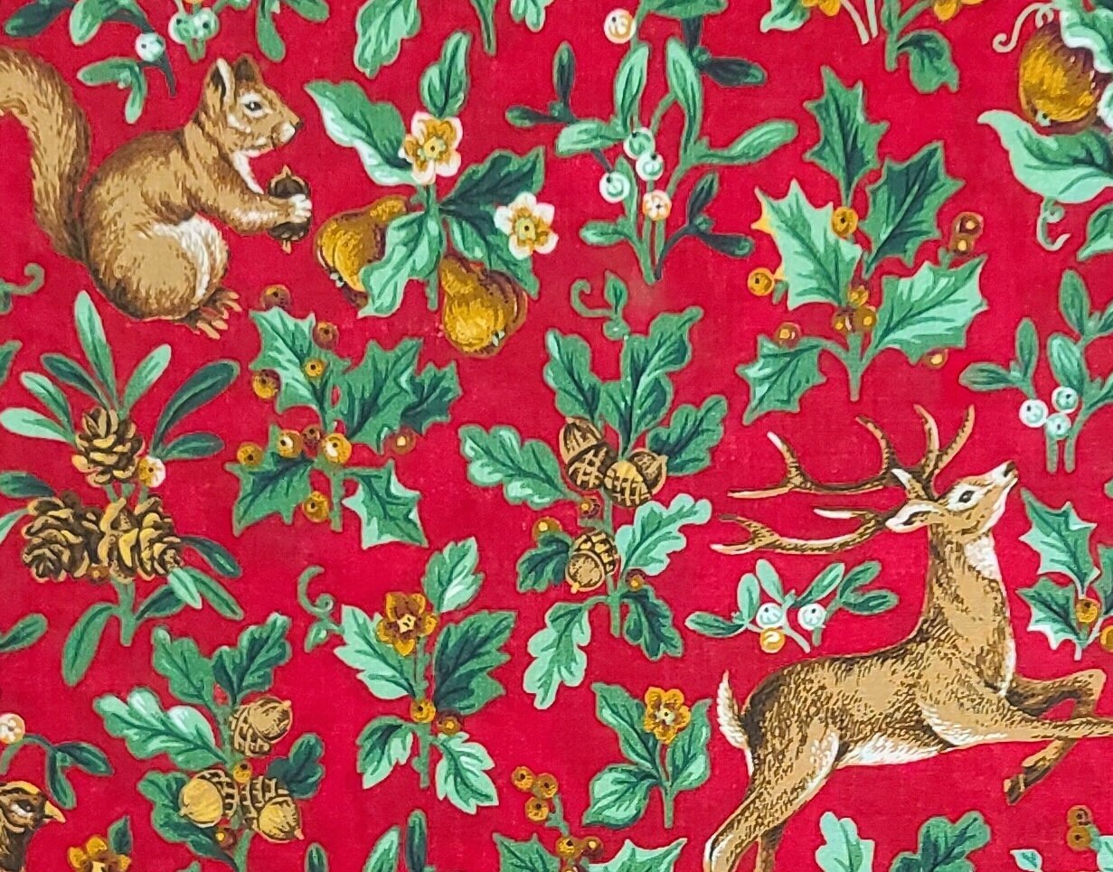 VIP Cranston Print Works - Dark Red Fabric / Hunter Green Leaf and Holly Print / Brown Acorn and Forest Animal Holiday Print