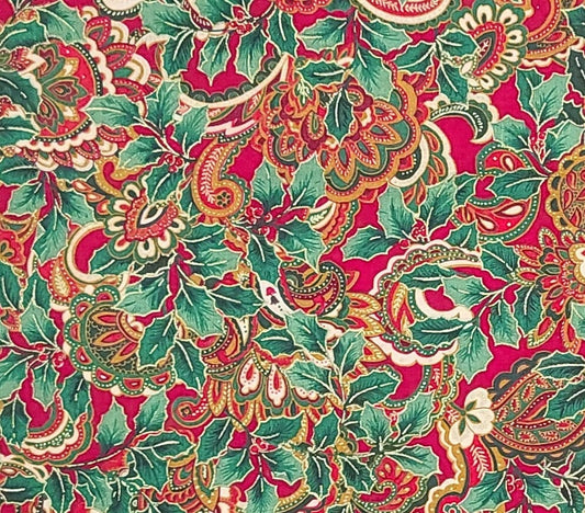 EOB - VIP Print by Joan Messmore Cranston Print Works Co - Dark Red Fabric / Hunter Green and Cream Paisley and Holly Leaf Print