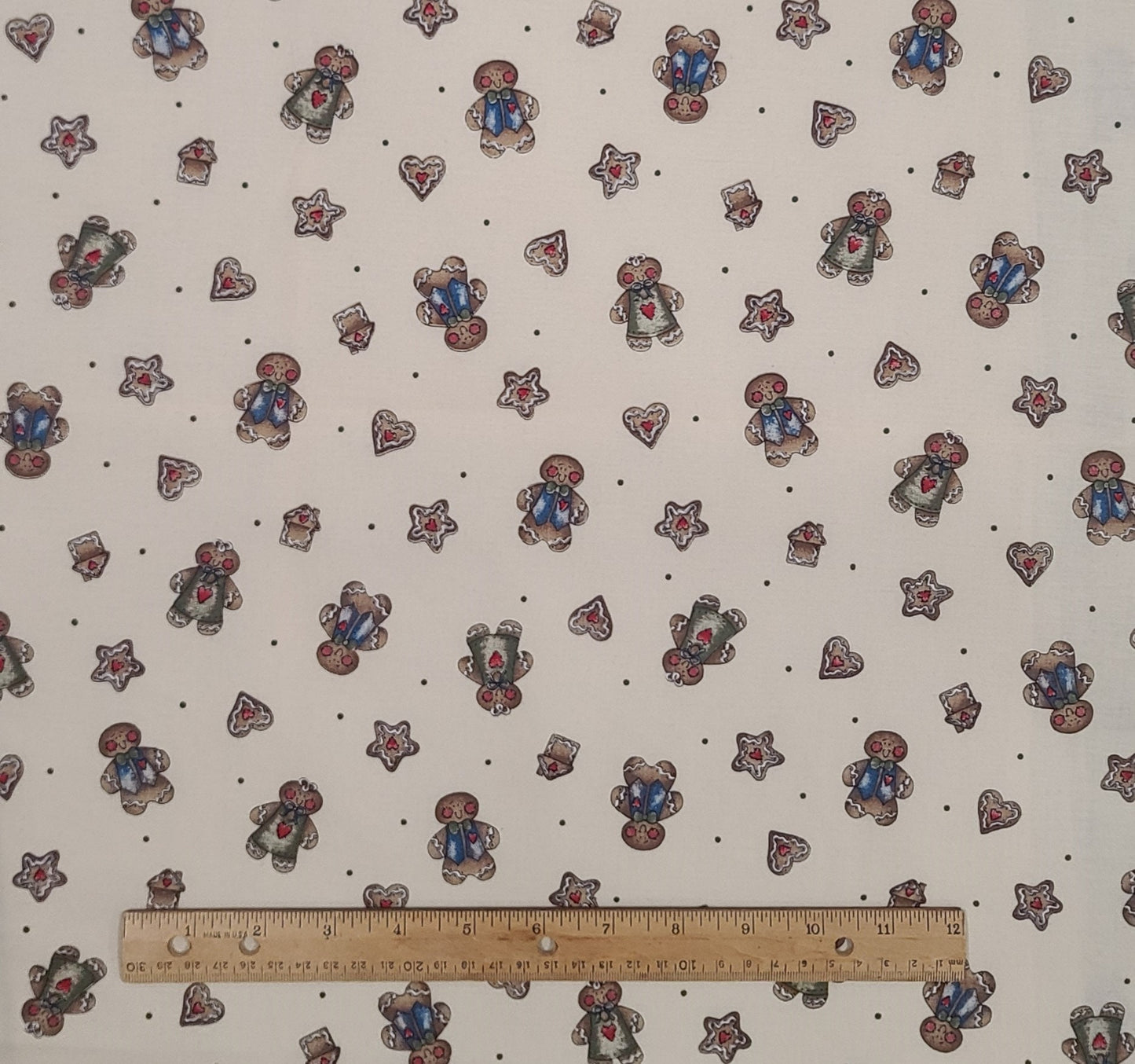 Cream Fabric / Vintage Gingerbread and Dark Green Dot Print