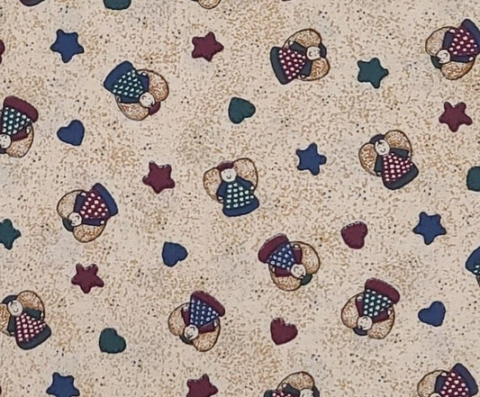 EOB - Designed by Little Quilts for Fabri-Quilt-Light Tan Mottled Fabric/Country-Style Angel, Heart, Star Print/Dark Red, Blue, Dark Green