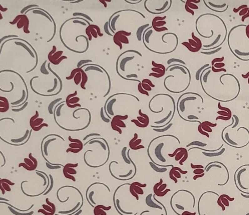 Cream Fabric / Gray and Dark Red Abstract Tulip Pattern - Selvage to Selvage Print